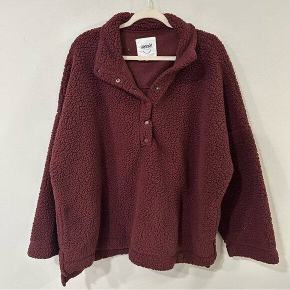 Aerie Cloud Sherpa Oversized Pullover Maroon Burgundy Red Sweatshirt Size XXL - Picture 2 of 6